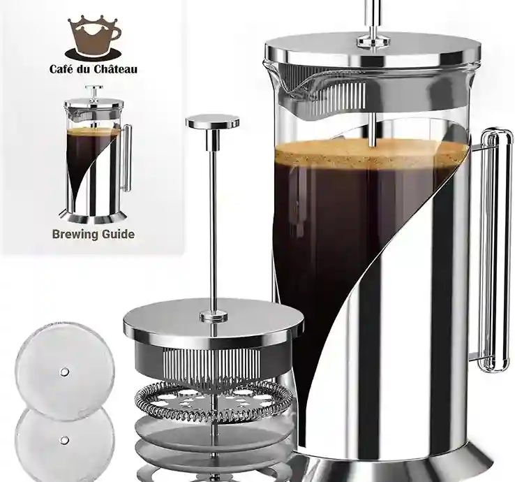 Café Du Chateau French Press Coffee Maker, 34 oz Glass, Stainless Steel